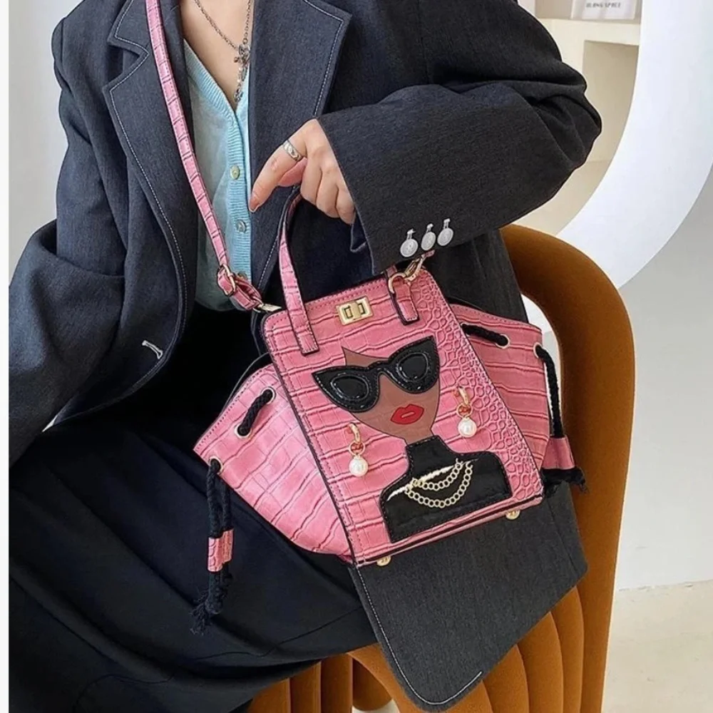 Pink SASSY CHIC LADY Bag with Face Design Adjustable size and crossbody handle